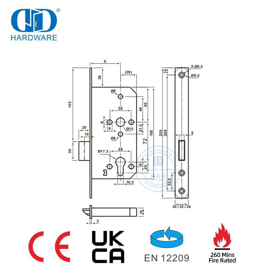 CE EN12209 240 分钟防火不锈钢门锁-DDML013-5572