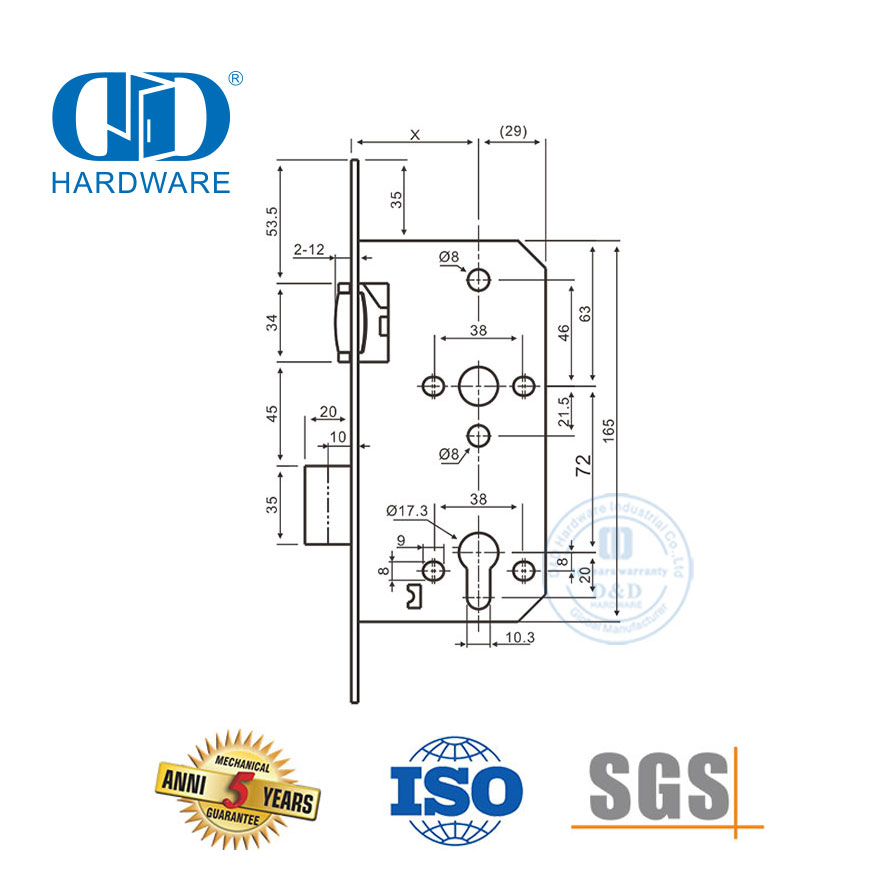 SUS 304 欧式金属门插芯滚柱锁死锁-DDML010-6072-SSS