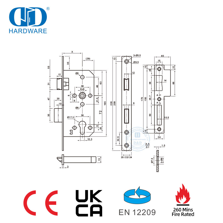 缎面金色 CE EN 12209 证书带防火功能窗扇锁-DDML009-5572-PVD