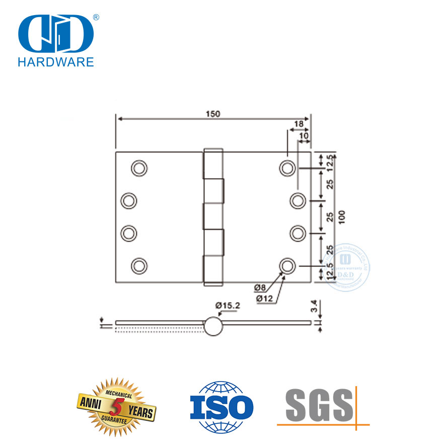 门五金配件配件 SUS 304 宽推门铰链-DDSS049-100x180x3.4mm