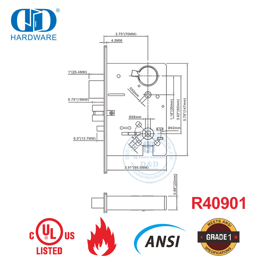 UL 防火高安全性 ANSI 公寓门插芯锁-DDAL20