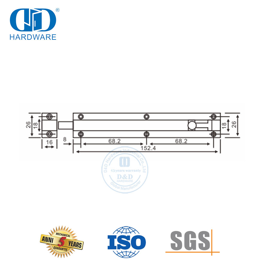 不锈钢 4 英寸塔式桶门锁平门螺栓-DDDB024-SSS