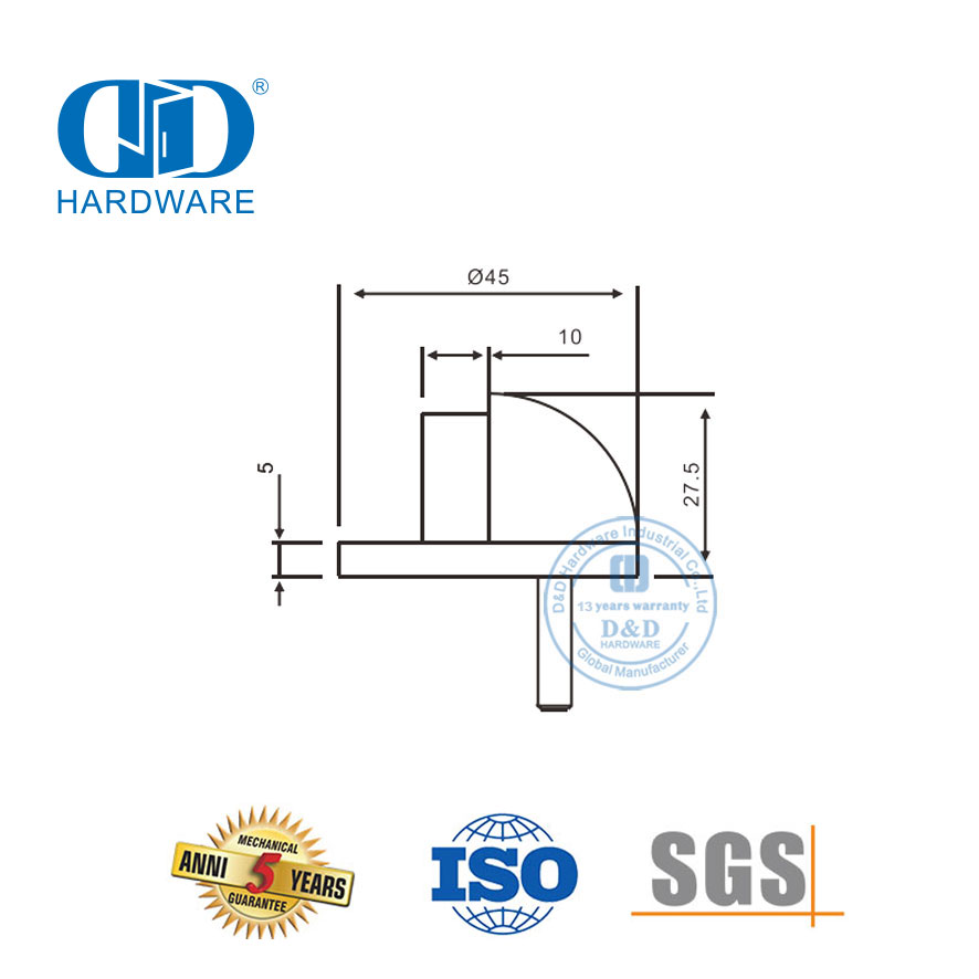 实心黄铜抛光金色落地式门挡圆形橡胶门挡-DDDS005-PB