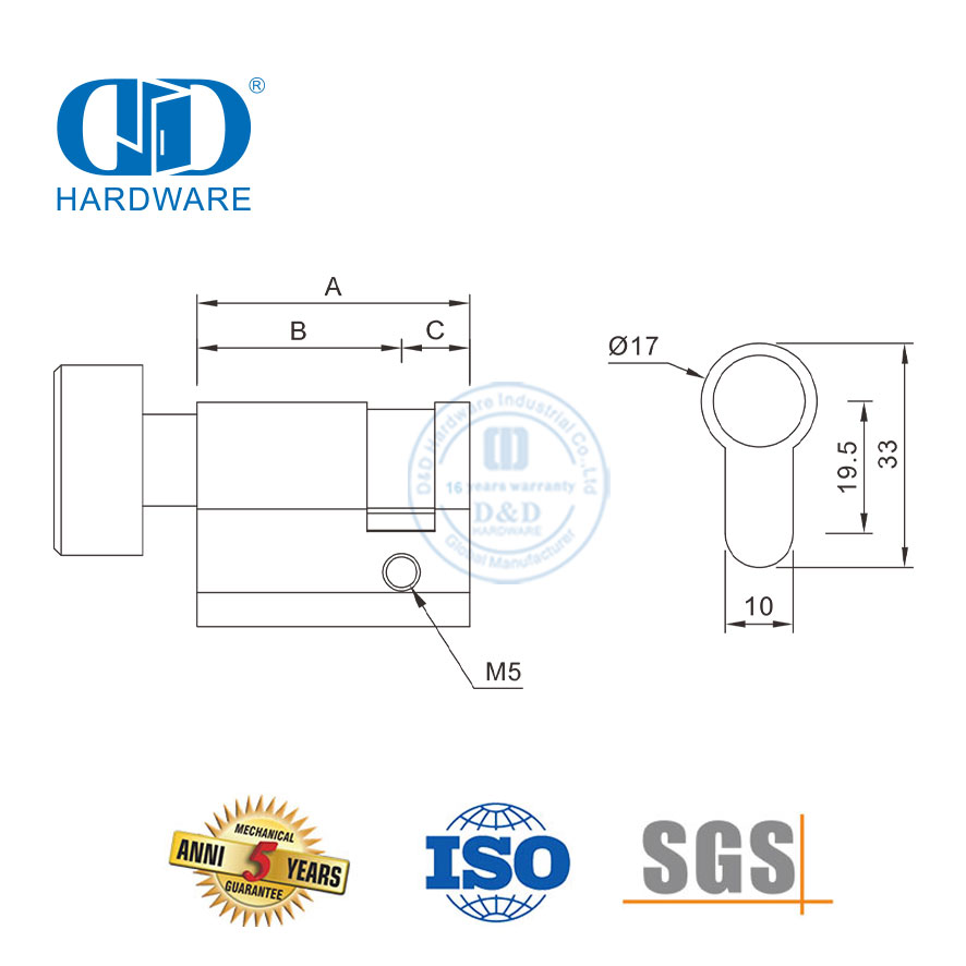 EN 1303 认证 插芯锁用拇指转动半圆筒-DDLC009-45mm-SB