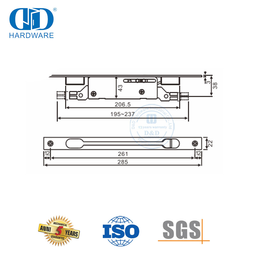 适用于空心金属门的不锈钢双动平头门栓-DDDB022-B-SSS