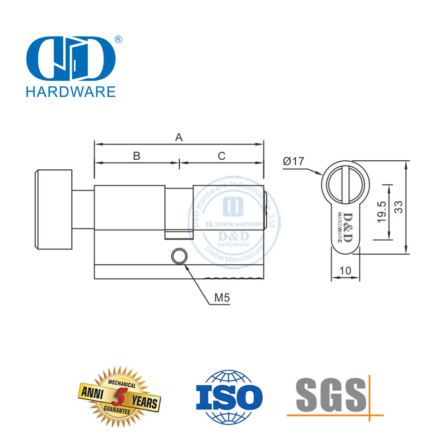 缎面铬表面 EN 1303 认证浴室锁芯-DDLC007-70mm-SC