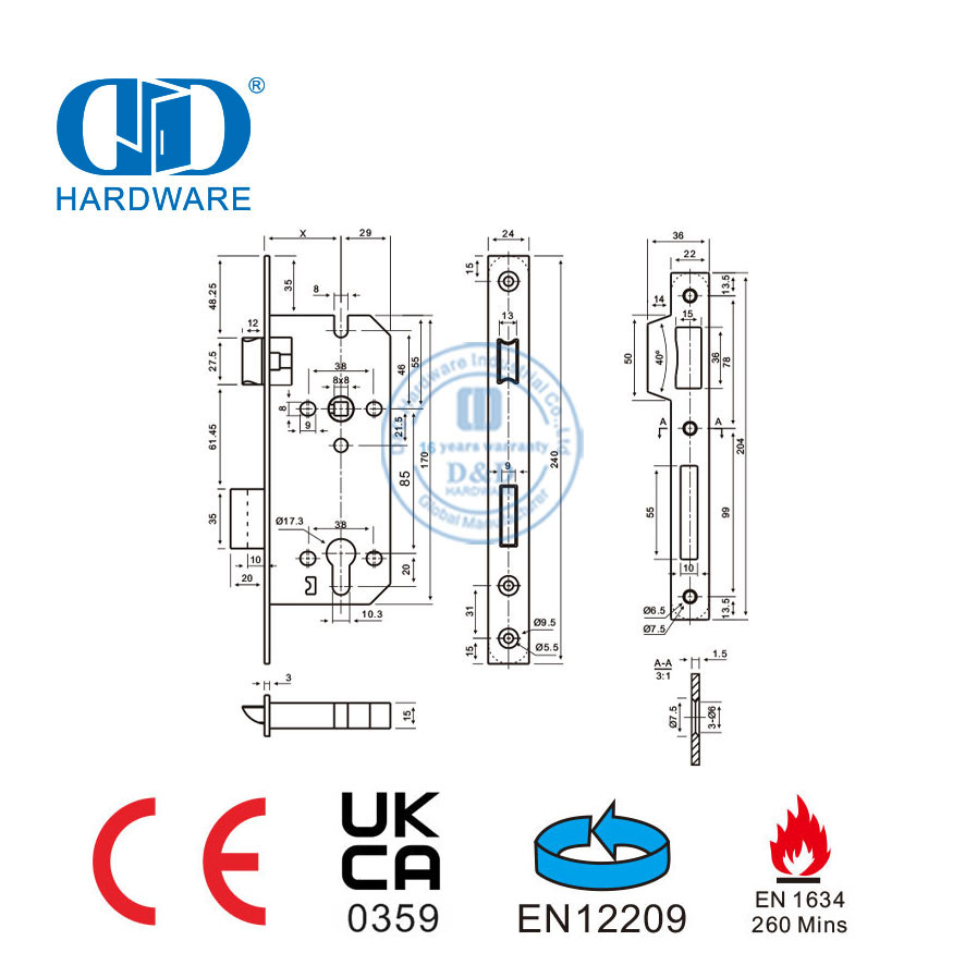 CE EN 1634 缎面处理高安全防火窗扇锁-DDML026-5085-SSS