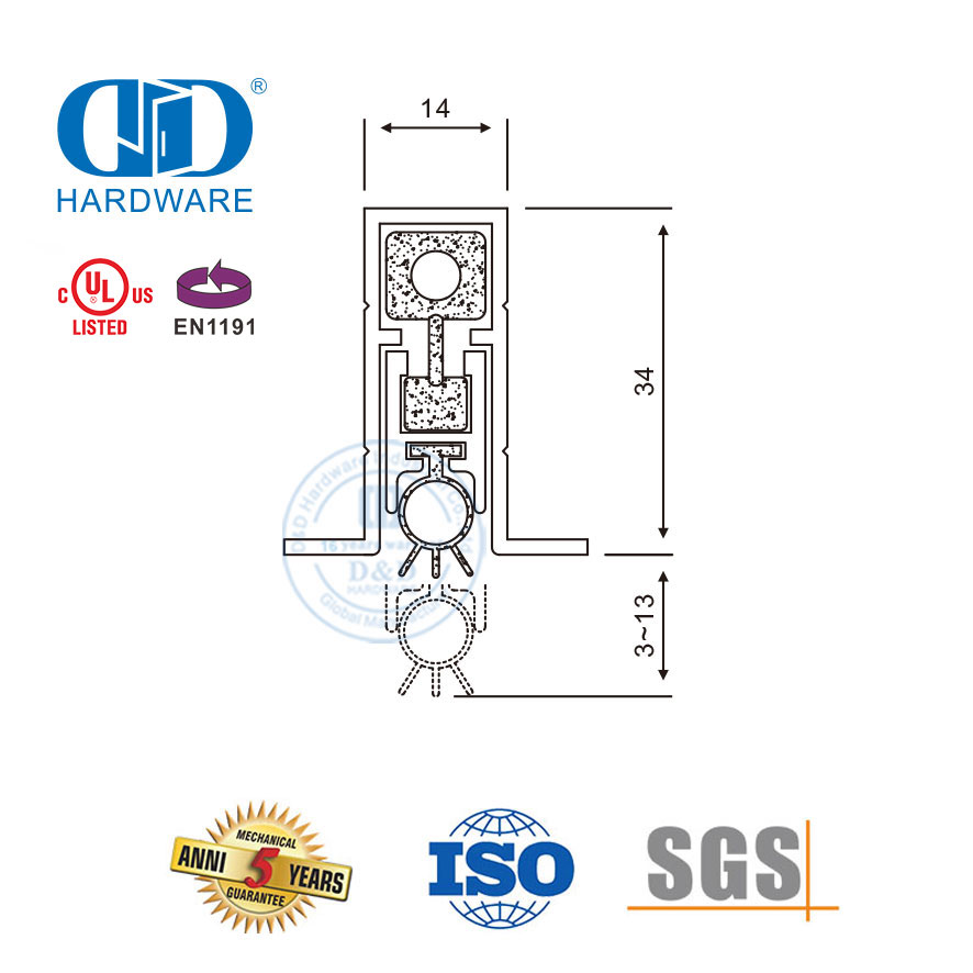 CE 门家具五金银色防风防尘挡风雨条全榫接安全下降推拉门底部密封-DDBS002