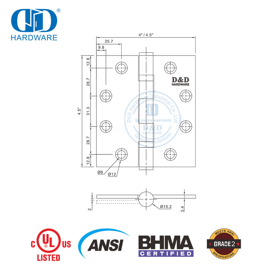 建筑不锈钢 ANSI UL 认证 BHMA 软关闭防火重型住宅家具金属门铰链-DDSS001-ANSI-2-4.5x4x3mm