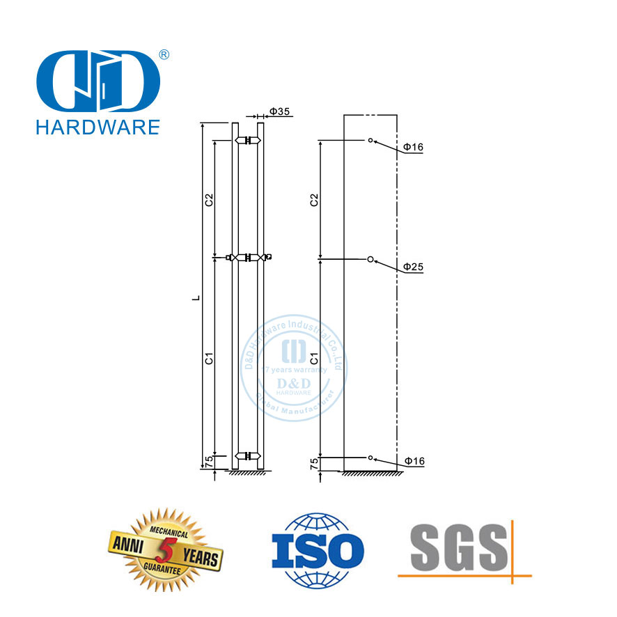 不锈钢办公室前玻璃门配件圆管玻璃门拉手带锁-DDPH040