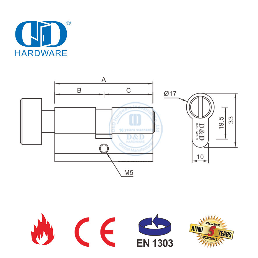 EN 1303 认证缎面黄铜浴室插芯锁芯-DDLC007-70mm-SB