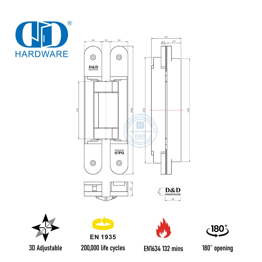 120公斤可调节隐藏式门铰链 EN1935 适用于防火金属门-DDCH008-G120