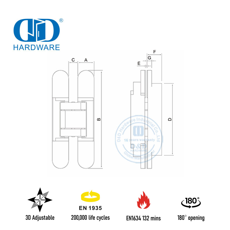 不同饰面锌合金 3D 隐藏式安全可调室内门铰链-DDCH008-G40