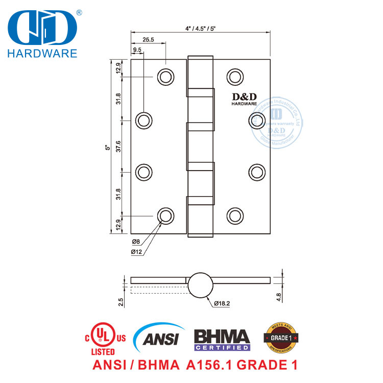 适用于政府办公室门的 ANSI 1 级 BHMA 重型安全铰链-DDSS001-ANSI-1-5x5x4.8mm